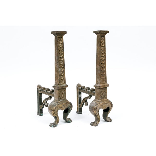 Traditional Antique Brass Fireplace Andirons For Sale - Image 3 of 7