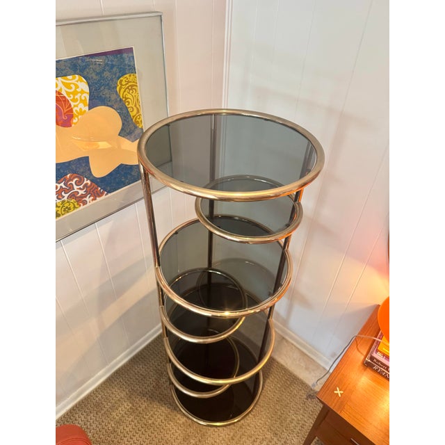 A Vintage Milo Baughman Style 7 Tiered Brass & Smoked Glass Articulating Etagere, Circa 1970s For Sale - Image 10 of 12