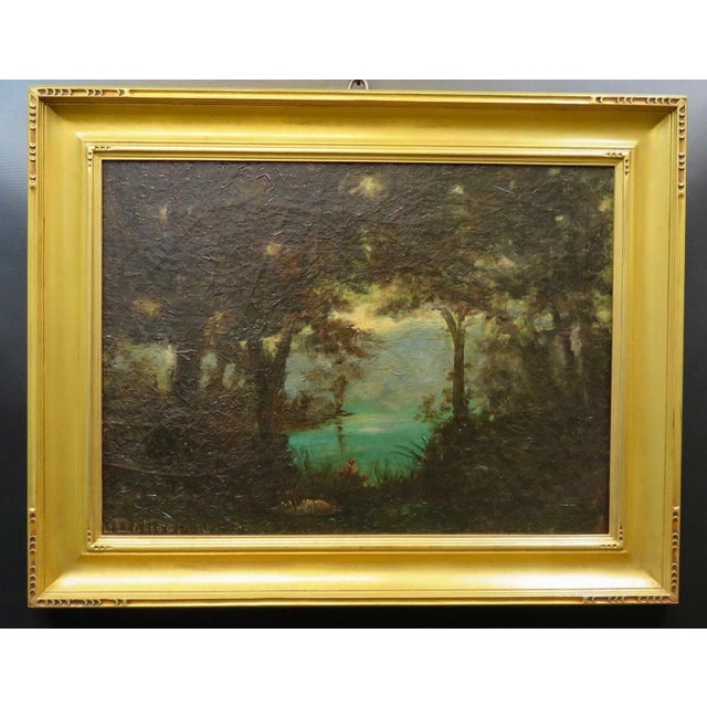 This vintage work of art is an oil painting by Dolice. The painting depicts a country landscape at dusk & features a pond...