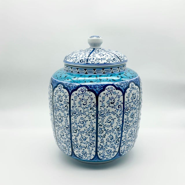 2020s Handmade Ceramic Lidded Jar (30cm) Blue Vines & Turquoise Geometric Band – Large Decorative Canister For Sale - Image 5 of 7
