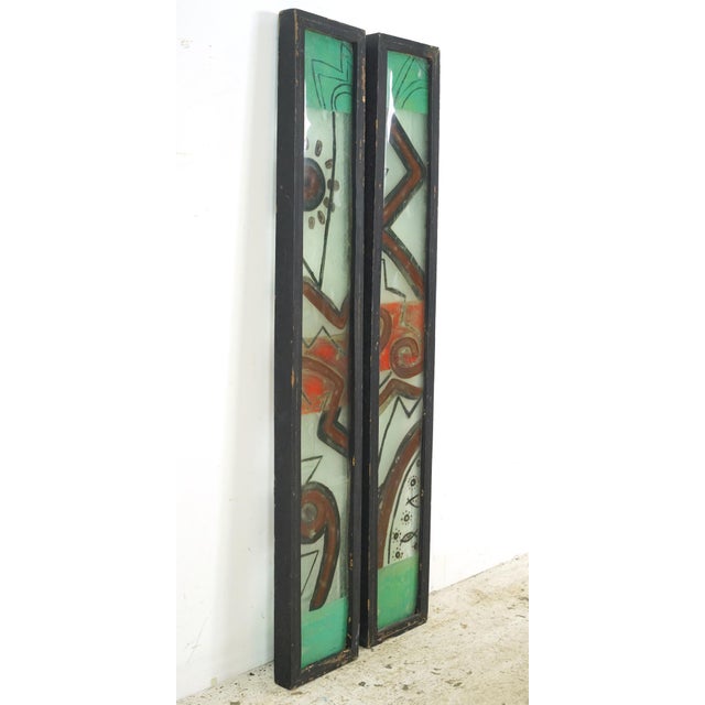 Pair of Wood Framed Painted Folk Art Glass Windows For Sale - Image 4 of 8