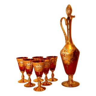 Decanter Set with Glasses in Red Murano Glass and Pure Gold Hand-Painted, 1960s, Set of 7 For Sale