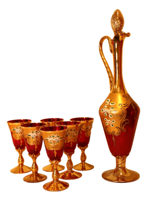 Decanter Set with Glasses in Red Murano Glass and Pure Gold Hand-Painted, 1960s, Set of 7