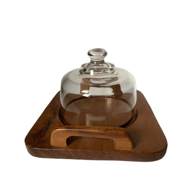 Vintage Mid Century Modern 2 Handle Teak Covered Glass Cheese Tray by Dolphin For Sale - Image 4 of 6