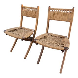 1960s Hans Wegner Style Weaved Rope Folding Chairs For Sale