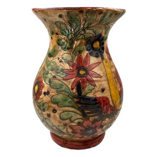 Italian Hand Painted Pottery Vase with Flowers and Birds Circa 19th C. For Sale