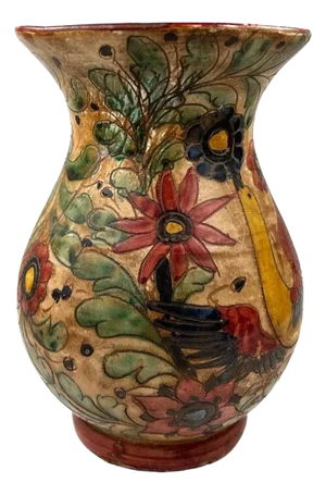 Italian Hand Painted Pottery Vase with Flowers and Birds Circa 19th C.