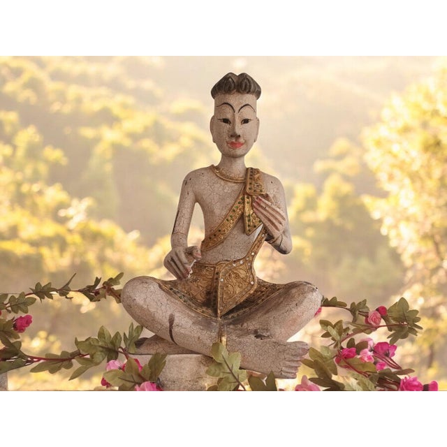 Large Vintage Buddha Monk Wooden Sculpture, 1970 For Sale - Image 3 of 18