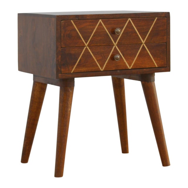 Chestnut mango nightstand with wired brass inlay drawers, shiny knobs, and Scandinavian legs—versatile, elegant, and...