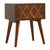 Chestnut mango nightstand with wired brass inlay drawers, shiny knobs, and Scandinavian legs—versatile, elegant, and...