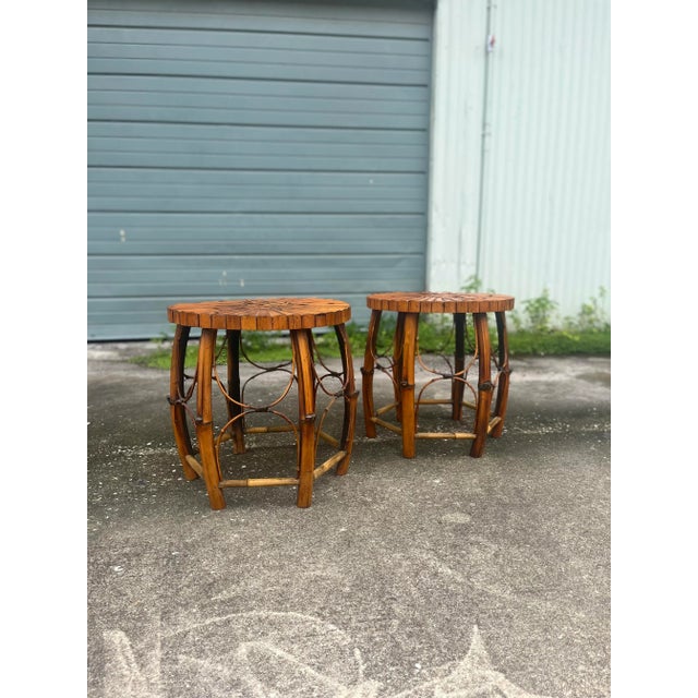 Late 20th Century Rattan and Bamboo Pair of Barrel Side Tables With Inset Star Top For Sale - Image 9 of 12