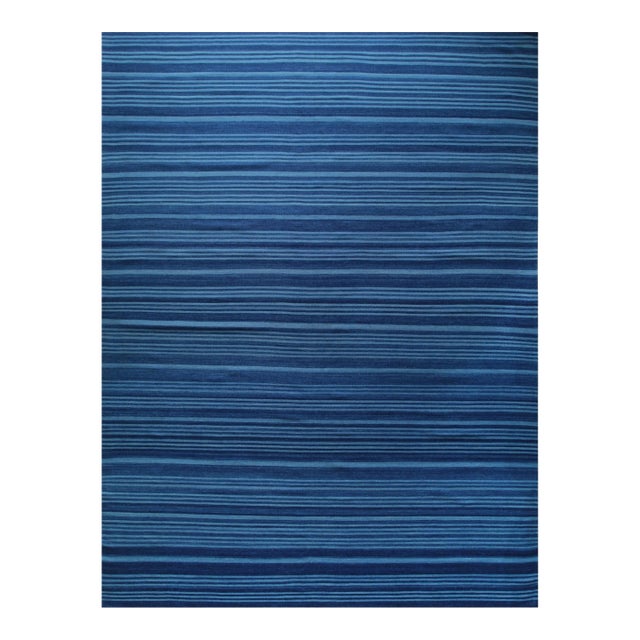 9x12 Para Penelope Blue Stripe Geometric Flatweave Wool Carpet Rug For Sale