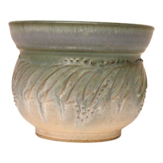 Petite Vintage Green and Blue Incised Ceramic Planter Vase by Deanna Nichols For Sale