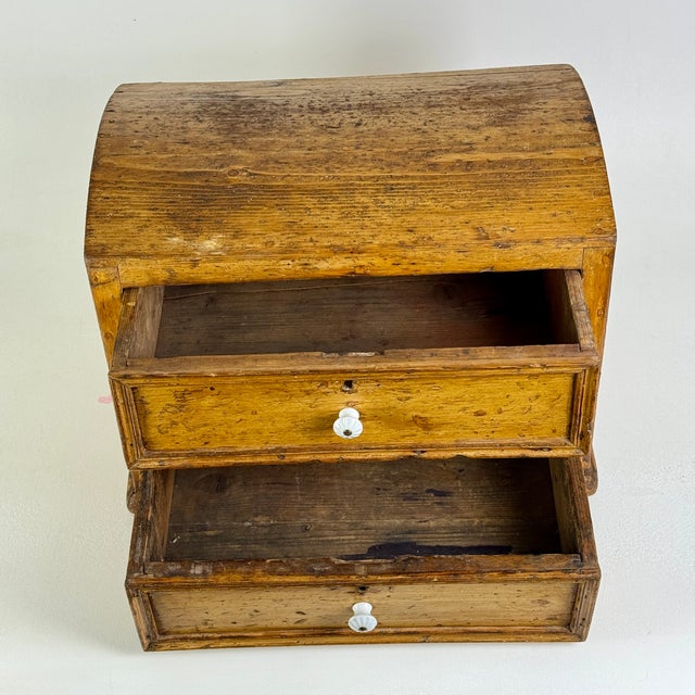 Antique Wooden Two Drawer Tabletop Cabinet With Dome Treasure Chest Top in Golden Brown For Sale - Image 4 of 16
