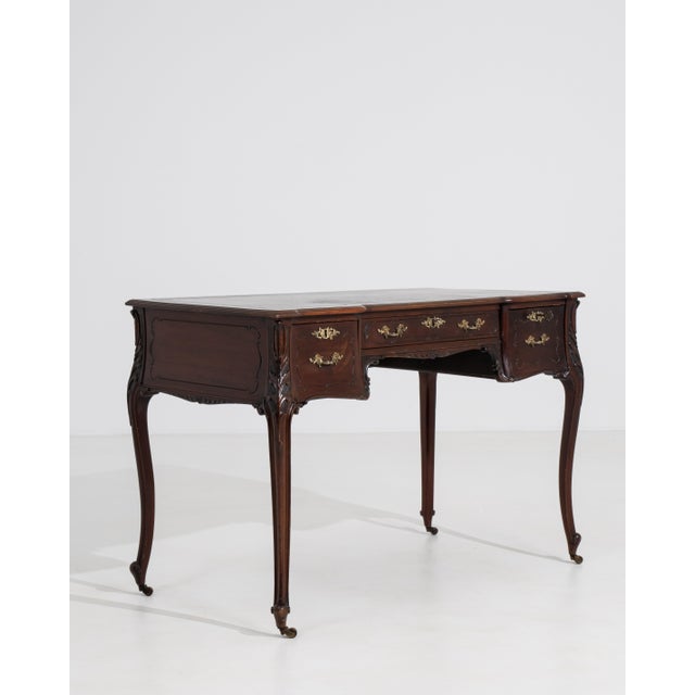 Wood Louis XV Desk with Brass Details on Casters, Rococo Style, France, 19th Century For Sale - Image 7 of 14