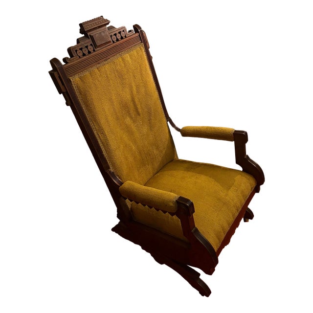 Antique Eastlake Victorian Platform Rocking Chair | Walnut | Original Gold Velvet | For Sale