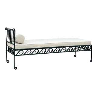 20th Century Vintage French Green Iron Garden Outdoor Reupholstered Daybed For Sale