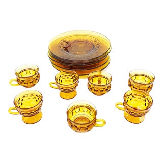 Mid-Century Indiana Glass Amber Glassware Luncheon Dining Set - 13 Pieces For Sale