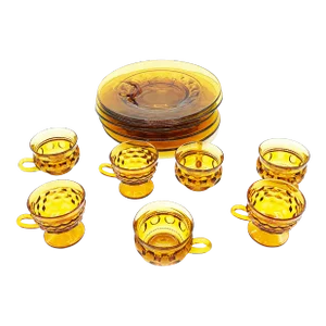 Mid-Century Indiana Glass Amber Glassware Luncheon Dining Set - 13 Pieces