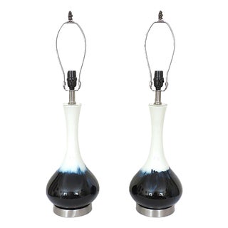 Late 20th Century Mid Century Modern Cobalt Blue & White Ceramic Drip Glaze Table Lamps - Pair For Sale