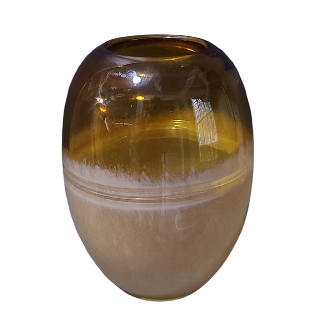 Glass Vintage Mid Century Modern Italian Hand-Blown Art Glass Two Tone Amber & Cream Vase For Sale - Image 7 of 7