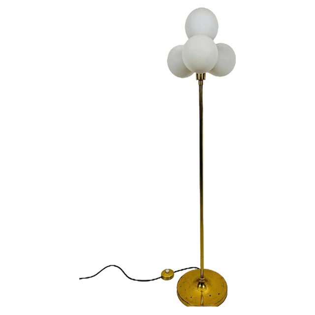 4-Arm Floor Lamp in Brass and Opaline Glass from Kaiser, Germany, 1960s For Sale