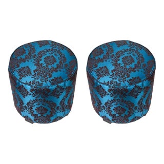 Pair of Moroccan Art Deco Style Round Upholstered Pouf Stools, American, 1980 For Sale