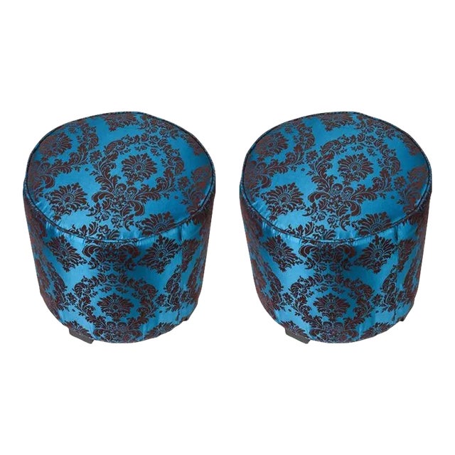 Pair of Moroccan Art Deco Style Round Upholstered Pouf Stools, American, 1980 For Sale