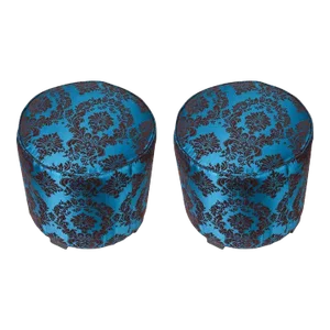 Pair of Vintage Art Deco Style Blue and Brown Upholstered Round Stools