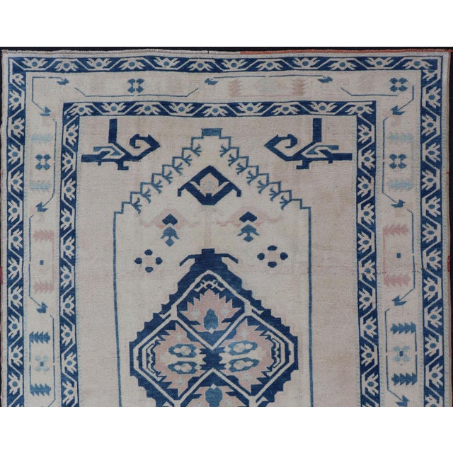 Blue, Cream & Green Vintage Oushak Rug With Geometric Medallion & Tribal Design 4'9 X 6'9 For Sale In Atlanta - Image 6 of 12