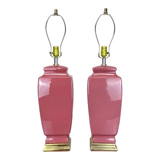 1970’s Mid Century Chinoiserie Modern Mauve Ceramic & Brass Table Lamps For Sale