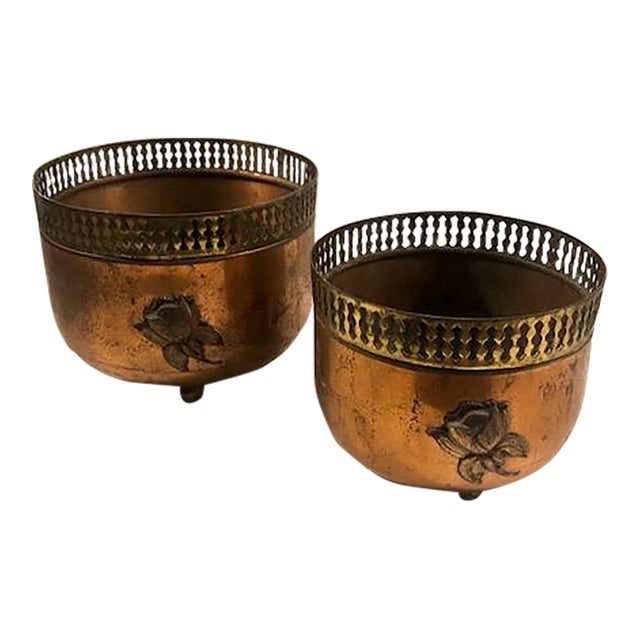 1940s Copper Brass Reticulated Footed Planters With Rose - A Pair For Sale
