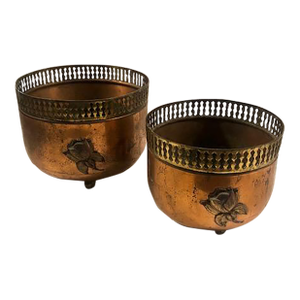 1940s Copper Brass Reticulated Footed Planters With Rose - A Pair