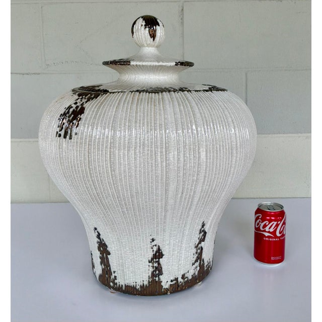 Modern Modern Large Cream Crackle and Bronze Glaze Lidded Jar For Sale - Image 3 of 5