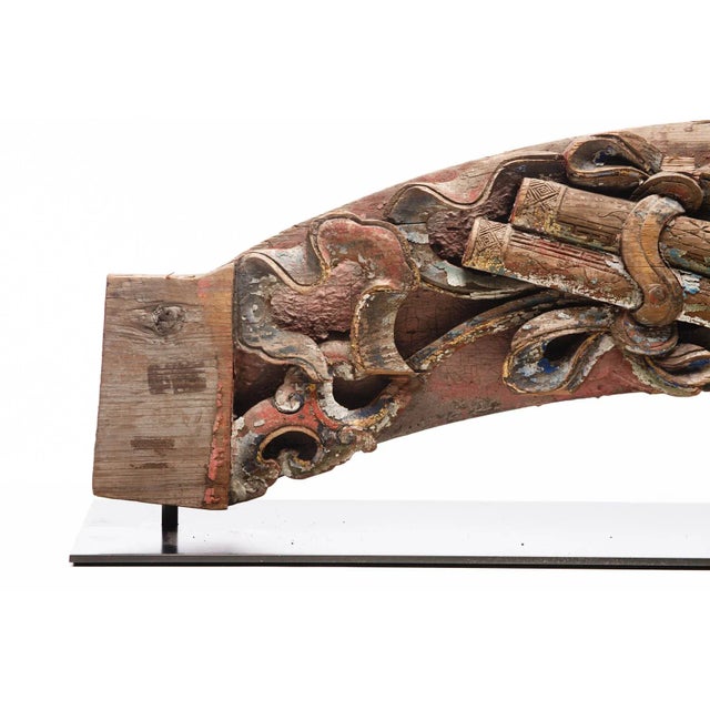 Wood Antique Carved Temple Fragment With Red and Gilded Gold Paint on a Custom Metal Stand For Sale - Image 7 of 10
