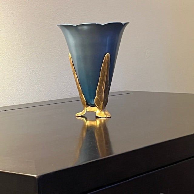 Vintage McClelland Barclay Blue Coated Copper Vase With Bronze Base For Sale In Pittsburgh - Image 6 of 8