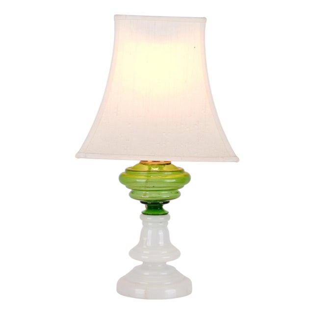 Table Lamp in Green and White Opaline Glass with Brass Details, 1880s For Sale