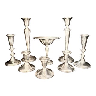 Vintage Sterling Silver Candle Sticks and Centerpiece Compote Bowl - 8 Piece Set For Sale
