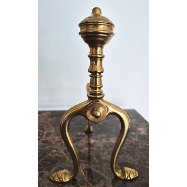 Italian Pair of Handmade Italian Solid Brass Fireplace Andirons For Sale - Image 3 of 7