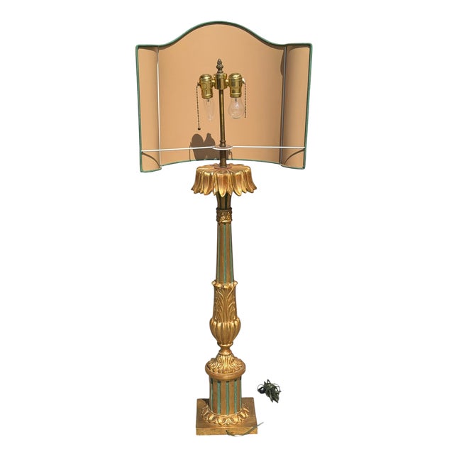 Italian Antique Italian Giltwood Table Lamp With Custom Roman Shade For Sale - Image 3 of 4
