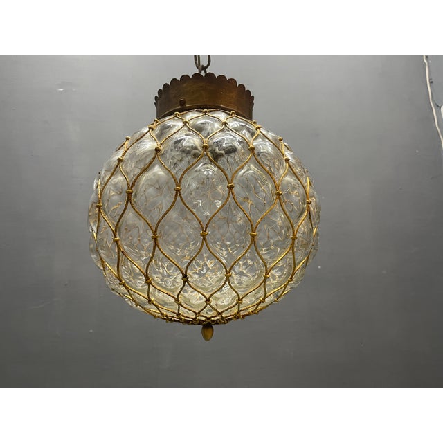 Murano Glass and Brass Caged Pendant Light, Italy, 1960s For Sale - Image 9 of 11