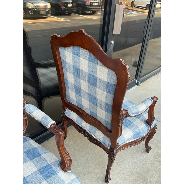 Antique French Louis XV Style Walnut Bergere Chairs in Blue & White - Pair For Sale - Image 12 of 13