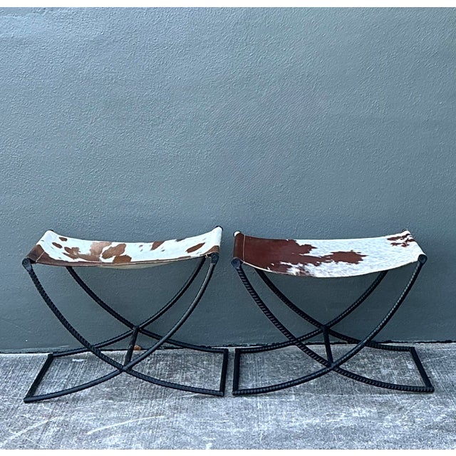 This striking pair of vintage sling benches represents a bold intersection of industrial Brutalism and Organic Modern...
