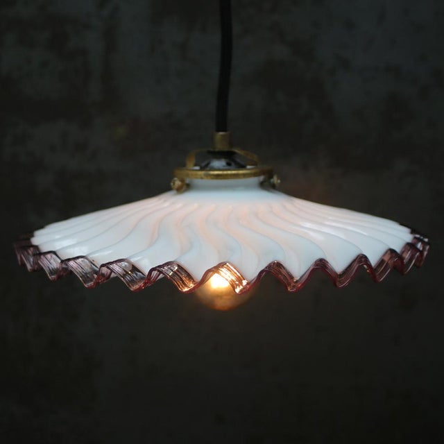 French Brass Pendant Light with Purple Edge Opaline Glass Shade For Sale - Image 4 of 6