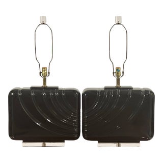 1980s Postmodern Large Black Ceramic and Lucite Table Lamps, Pair For Sale
