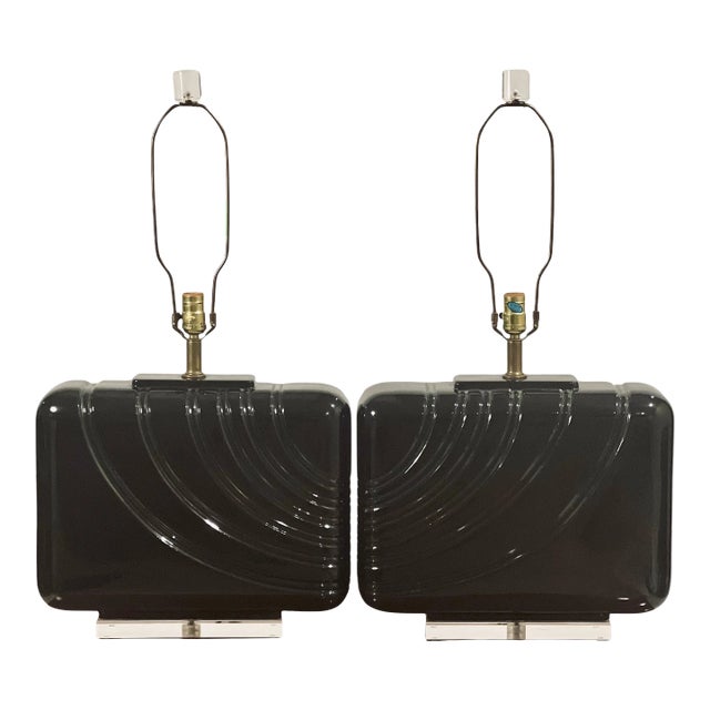 1980s Postmodern Large Black Ceramic and Lucite Table Lamps, Pair For Sale