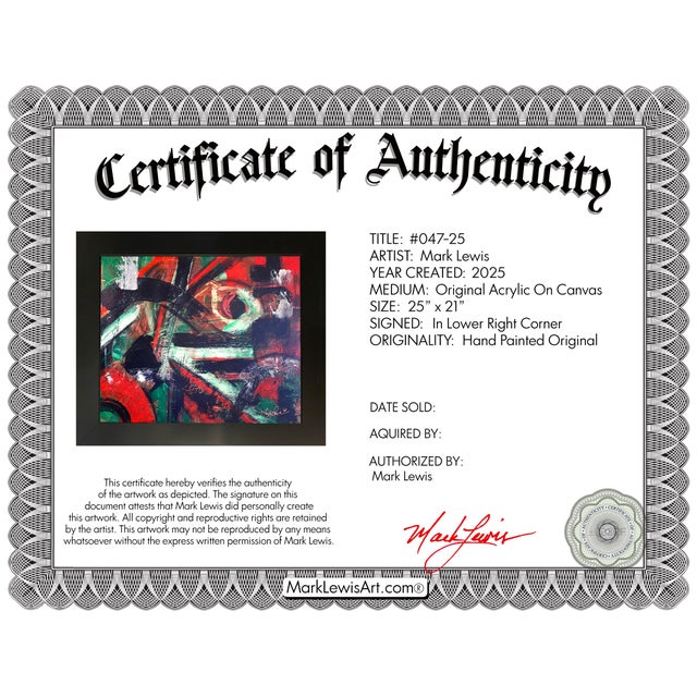 Evaluation Offered directly from the private collection of the artist’s family, this original abstract carries an...