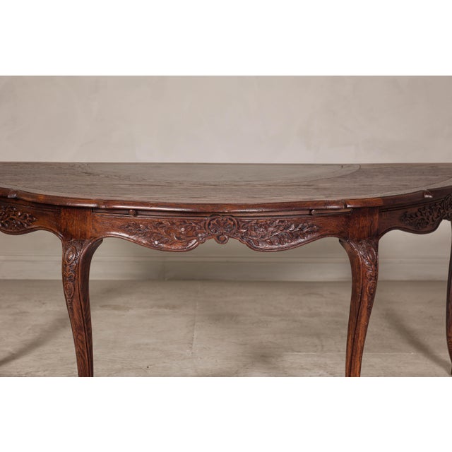 Brown Louis XV-Style Demi-Lune Desk with Carved Legs, Leather Top and Hidden Drawers For Sale - Image 8 of 12