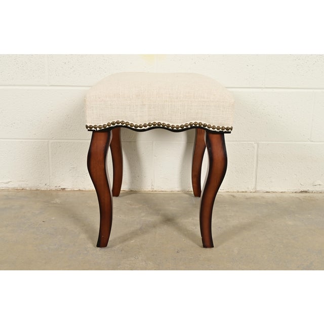 Brown Baker Furniture Style French Provincial Louis XV Carved Mahogany Upholstered Stool or Ottoman For Sale - Image 8 of 9