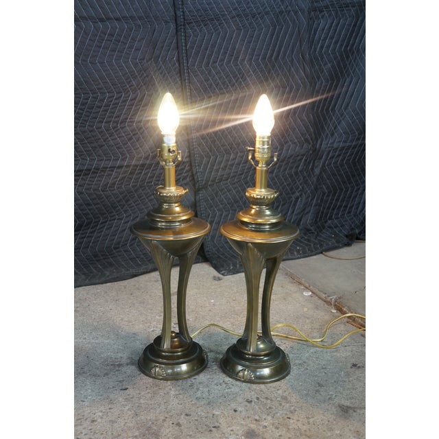 2 Art Deco Hollywood Regency Style Tapered Brass Buffet Table Lamps Pair For Sale - Image 16 of 16